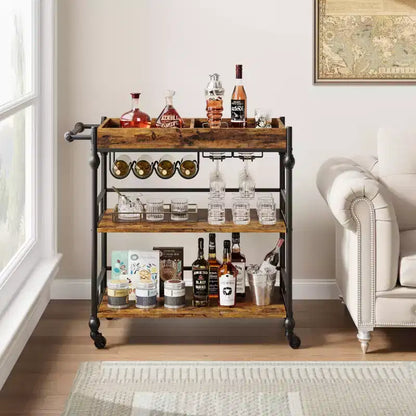 Bar Cart, Bar Carts for the Home, 3 Tier Serving Cart with Wheels, Metal Cart with Wine Rack & Removable Tray for Kitchen, Dining Room