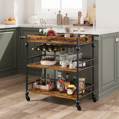 Bar Cart, Bar Carts for the Home, 3 Tier Serving Cart with Wheels, Metal Cart with Wine Rack & Removable Tray for Kitchen, Dining Room