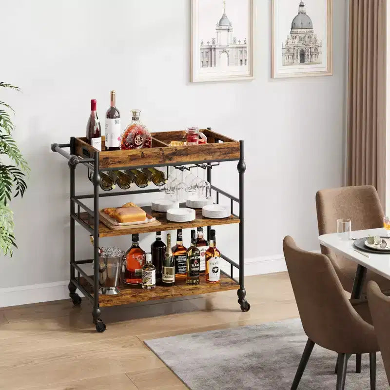 Bar Cart, Bar Carts for the Home, 3 Tier Serving Cart with Wheels, Metal Cart with Wine Rack & Removable Tray for Kitchen, Dining Room