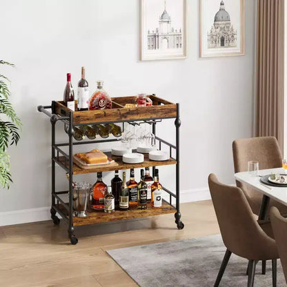 Bar Cart, Bar Carts for the Home, 3 Tier Serving Cart with Wheels, Metal Cart with Wine Rack & Removable Tray for Kitchen, Dining Room