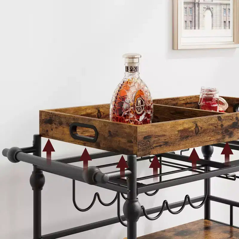 Bar Cart, Bar Carts for the Home, 3 Tier Serving Cart with Wheels, Metal Cart with Wine Rack & Removable Tray for Kitchen, Dining Room
