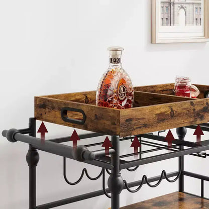 Bar Cart, Bar Carts for the Home, 3 Tier Serving Cart with Wheels, Metal Cart with Wine Rack & Removable Tray for Kitchen, Dining Room