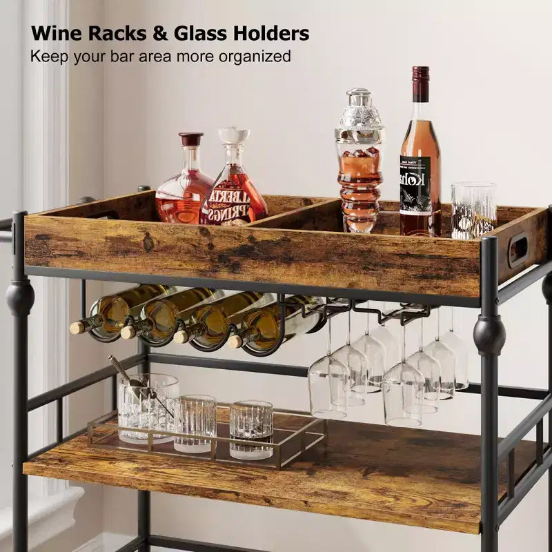 Bar Cart, Bar Carts for the Home, 3 Tier Serving Cart with Wheels, Metal Cart with Wine Rack & Removable Tray for Kitchen, Dining Room