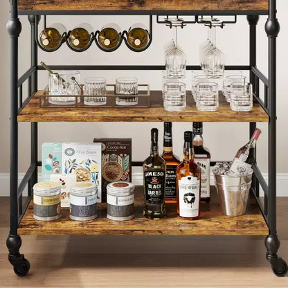 Bar Cart, Bar Carts for the Home, 3 Tier Serving Cart with Wheels, Metal Cart with Wine Rack & Removable Tray for Kitchen, Dining Room