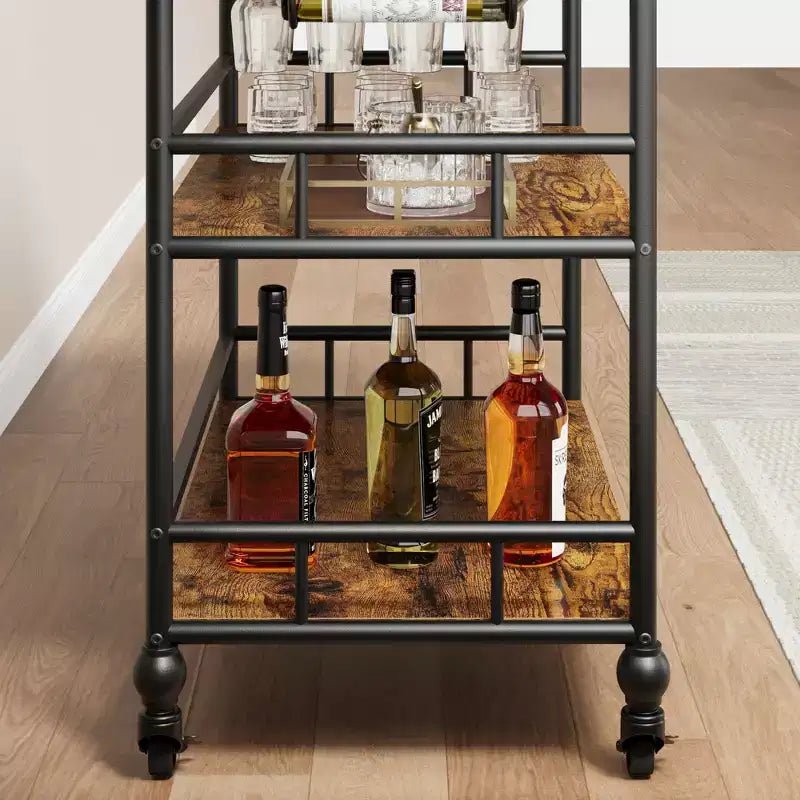 Bar Cart, Bar Carts for the Home, 3 Tier Serving Cart with Wheels, Metal Cart with Wine Rack & Removable Tray for Kitchen, Dining Room