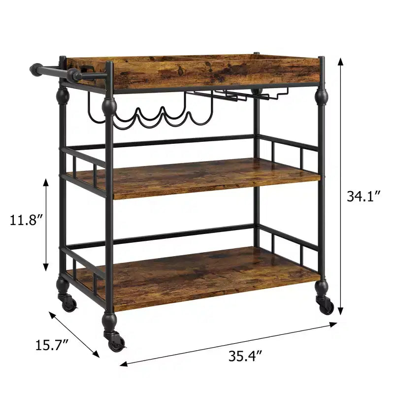 Bar Cart, Bar Carts for the Home, 3 Tier Serving Cart with Wheels, Metal Cart with Wine Rack & Removable Tray for Kitchen, Dining Room