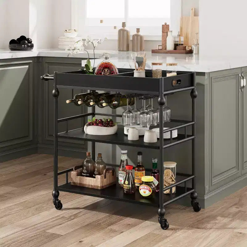 Bar Cart, Bar Carts for the Home, 3 Tier Serving Cart with Wheels, Metal Cart with Wine Rack & Removable Tray for Kitchen, Dining Room