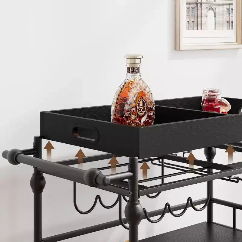 Bar Cart, Bar Carts for the Home, 3 Tier Serving Cart with Wheels, Metal Cart with Wine Rack & Removable Tray for Kitchen, Dining Room
