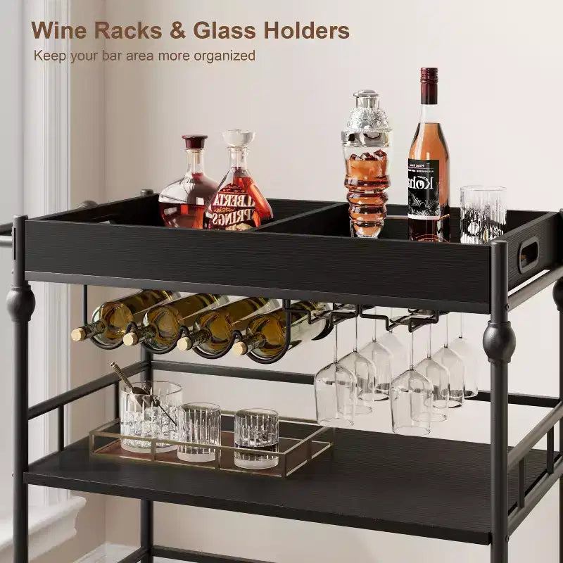 Bar Cart, Bar Carts for the Home, 3 Tier Serving Cart with Wheels, Metal Cart with Wine Rack & Removable Tray for Kitchen, Dining Room
