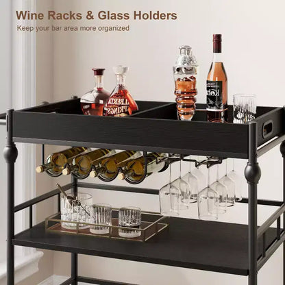 Bar Cart, Bar Carts for the Home, 3 Tier Serving Cart with Wheels, Metal Cart with Wine Rack & Removable Tray for Kitchen, Dining Room