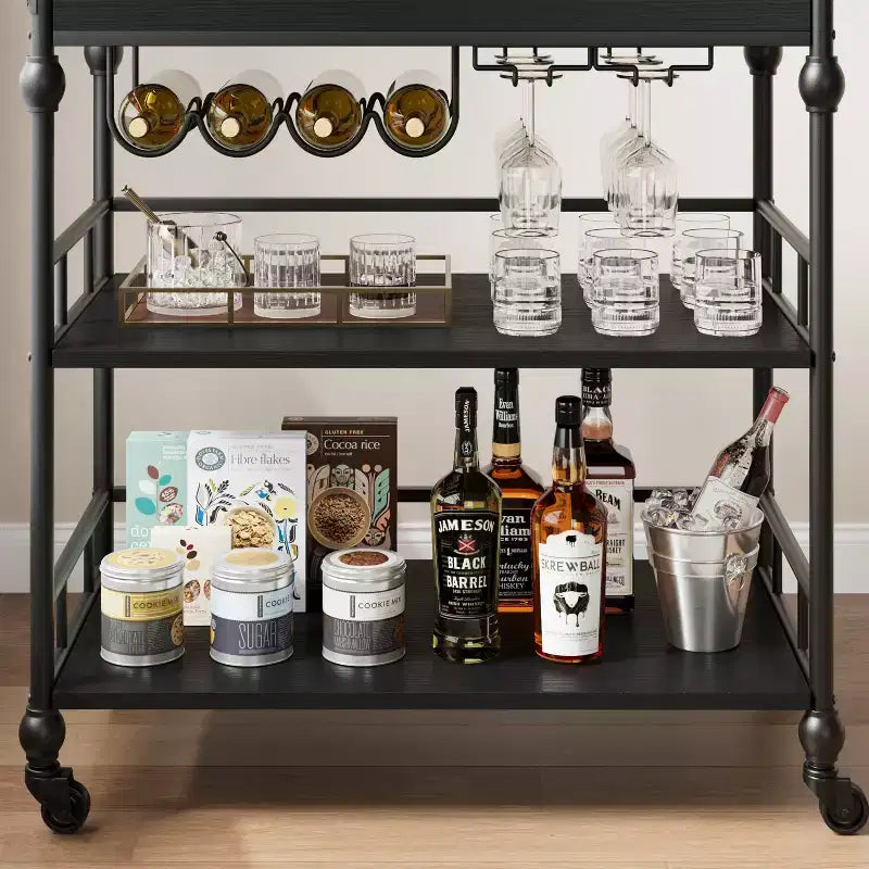 Bar Cart, Bar Carts for the Home, 3 Tier Serving Cart with Wheels, Metal Cart with Wine Rack & Removable Tray for Kitchen, Dining Room