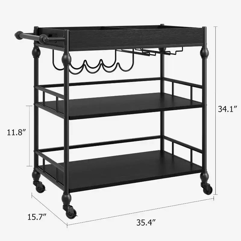 Bar Cart, Bar Carts for the Home, 3 Tier Serving Cart with Wheels, Metal Cart with Wine Rack & Removable Tray for Kitchen, Dining Room