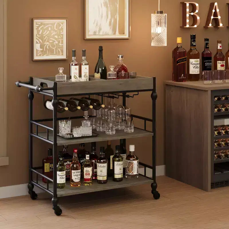 Bar Cart, Bar Carts for the Home, 3 Tier Serving Cart with Wheels, Metal Cart with Wine Rack & Removable Tray for Kitchen, Dining Room