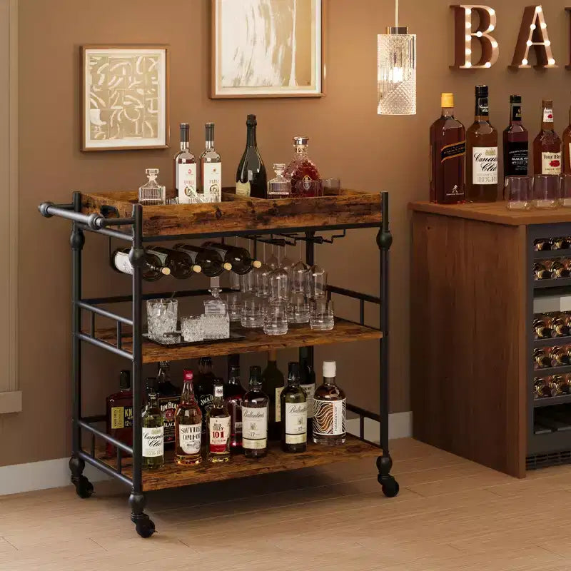 Bar Cart, Bar Carts for the Home, 3 Tier Serving Cart with Wheels, Metal Cart with Wine Rack & Removable Tray for Kitchen, Dining Room