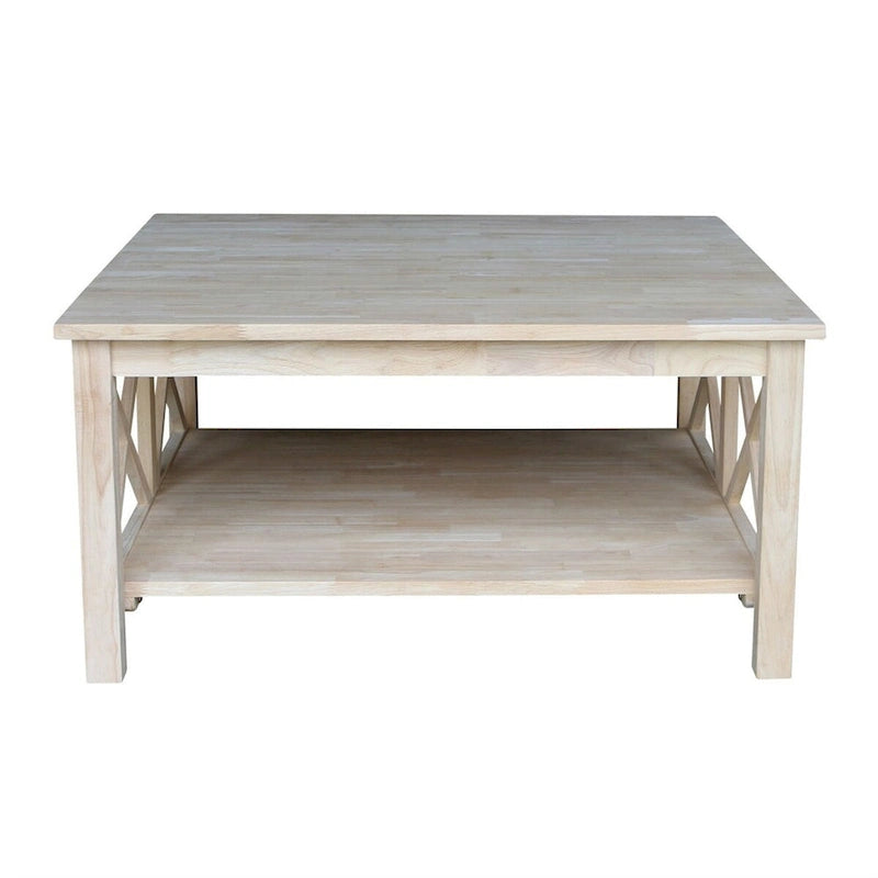Square Unfinished Solid Wood Coffee Table with Bottom Shelf - 36 in. W x 36 in. D x 18 in. H.
