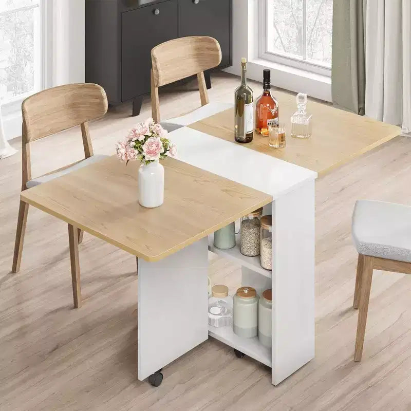 Folding Dining Table, Drop Leaf Dining Table with 6 Wheels and 2-Layer Storage Shelf, Space Saving Dining Table for Small Spaces