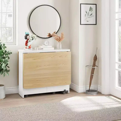 Folding Dining Table, Drop Leaf Dining Table with 6 Wheels and 2-Layer Storage Shelf, Space Saving Dining Table for Small Spaces