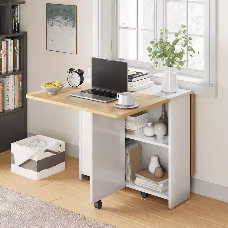 Folding Dining Table, Drop Leaf Dining Table with 6 Wheels and 2-Layer Storage Shelf, Space Saving Dining Table for Small Spaces