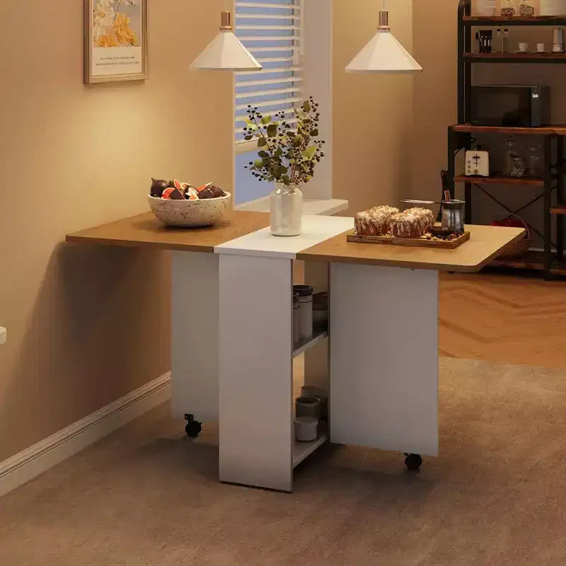 Folding Dining Table, Drop Leaf Dining Table with 6 Wheels and 2-Layer Storage Shelf, Space Saving Dining Table for Small Spaces