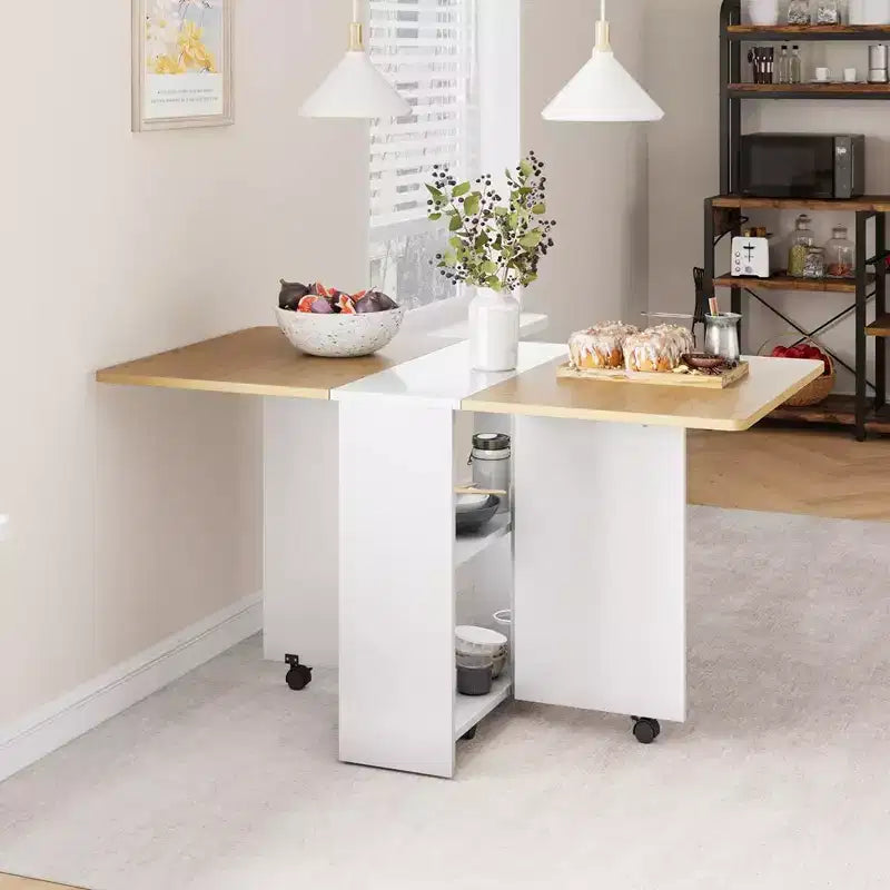 Folding Dining Table, Drop Leaf Dining Table with 6 Wheels and 2-Layer Storage Shelf, Space Saving Dining Table for Small Spaces