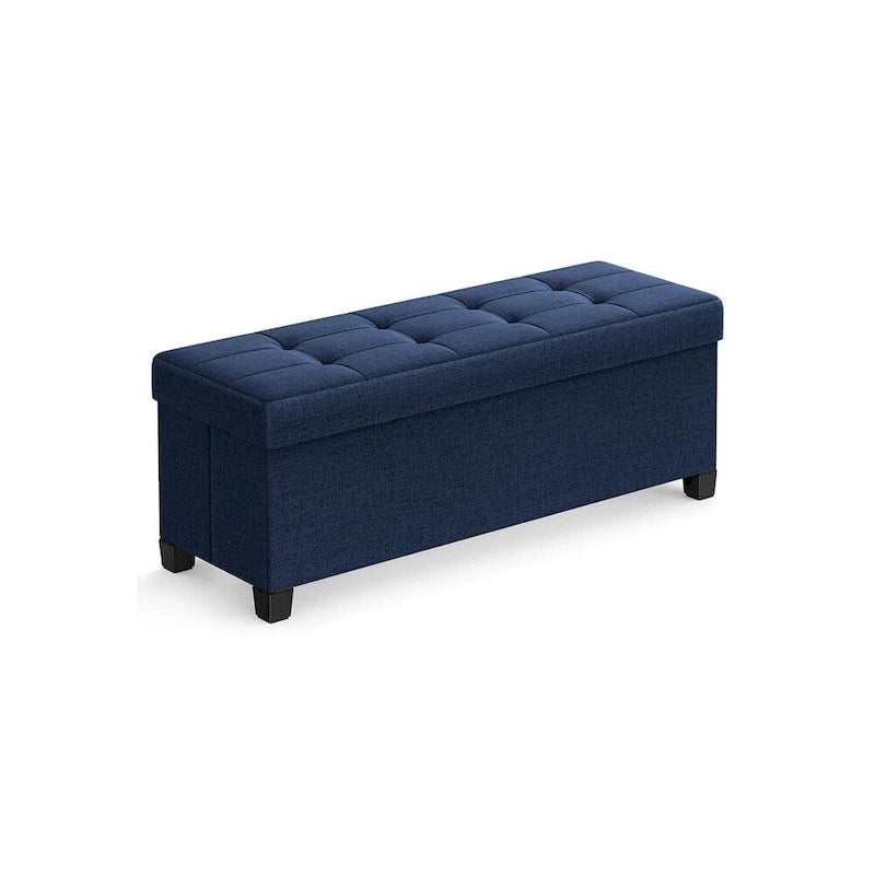 Fabric Upholstered 43  Wide Small Storage Ottoman with Wooden Legs and Tufted Lid