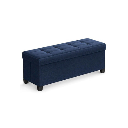 Fabric Upholstered 43  Wide Small Storage Ottoman with Wooden Legs and Tufted Lid