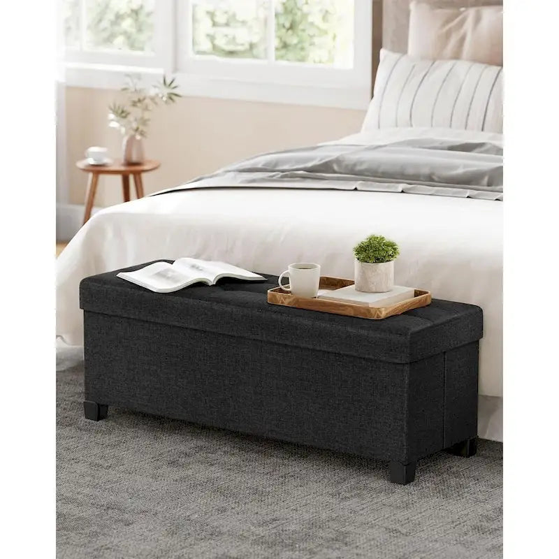 Fabric Upholstered 43  Wide Small Storage Ottoman with Wooden Legs and Tufted Lid