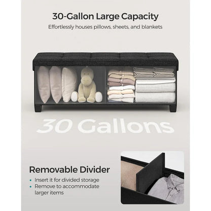 Fabric Upholstered 43  Wide Small Storage Ottoman with Wooden Legs and Tufted Lid