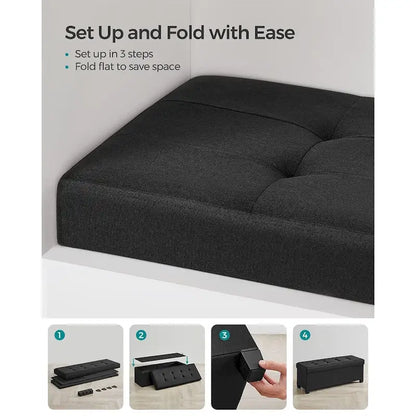 Fabric Upholstered 43  Wide Small Storage Ottoman with Wooden Legs and Tufted Lid