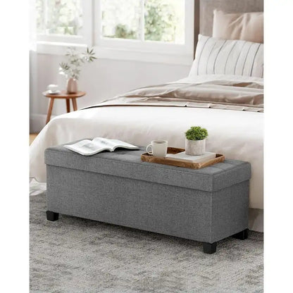 Fabric Upholstered 43  Wide Small Storage Ottoman with Wooden Legs and Tufted Lid