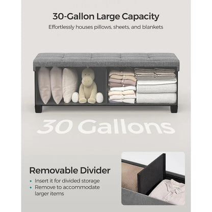 Fabric Upholstered 43  Wide Small Storage Ottoman with Wooden Legs and Tufted Lid