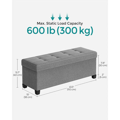 Fabric Upholstered 43  Wide Small Storage Ottoman with Wooden Legs and Tufted Lid