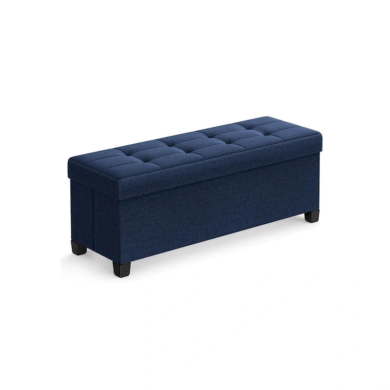 Fabric Upholstered 43  Wide Small Storage Ottoman with Wooden Legs and Tufted Lid
