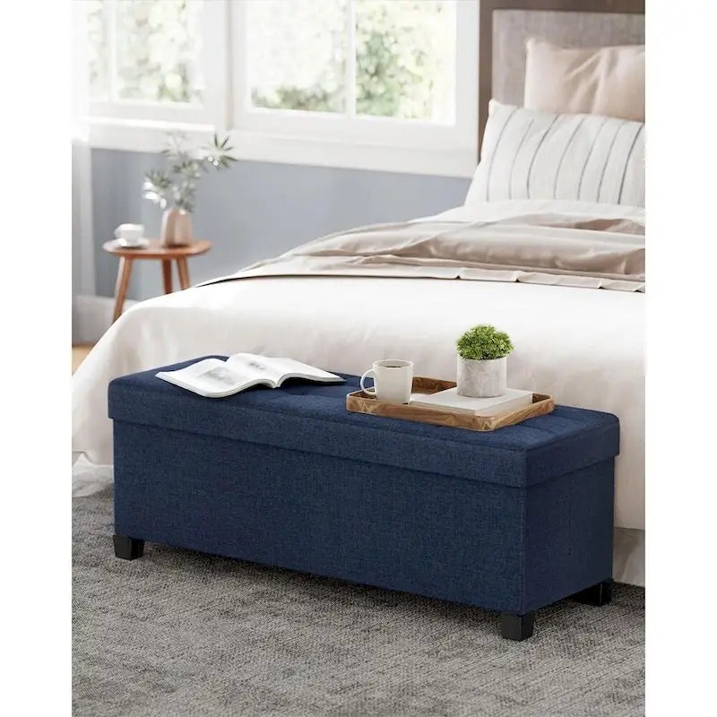 Fabric Upholstered 43  Wide Small Storage Ottoman with Wooden Legs and Tufted Lid