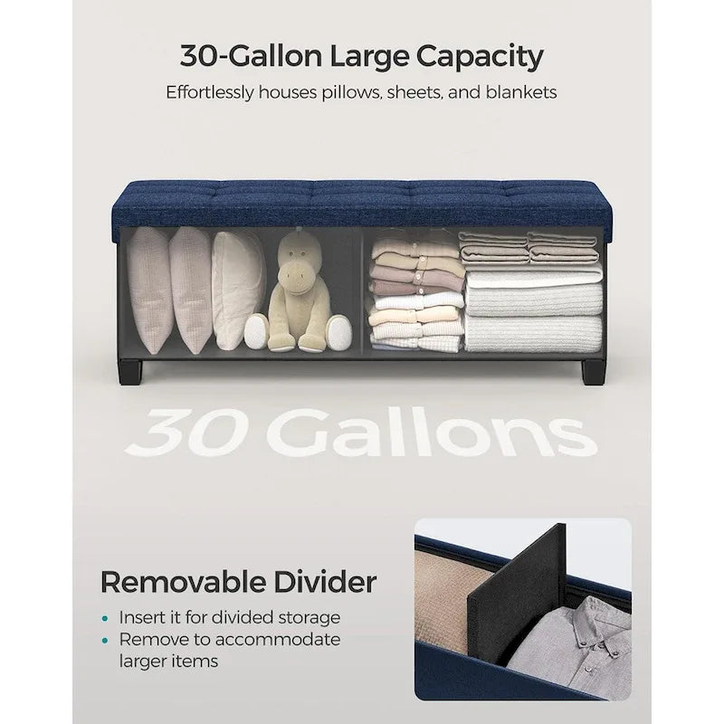 Fabric Upholstered 43  Wide Small Storage Ottoman with Wooden Legs and Tufted Lid