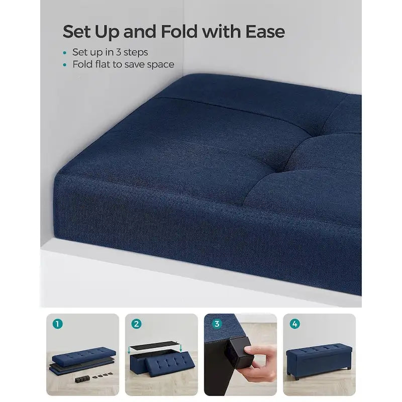 Fabric Upholstered 43  Wide Small Storage Ottoman with Wooden Legs and Tufted Lid