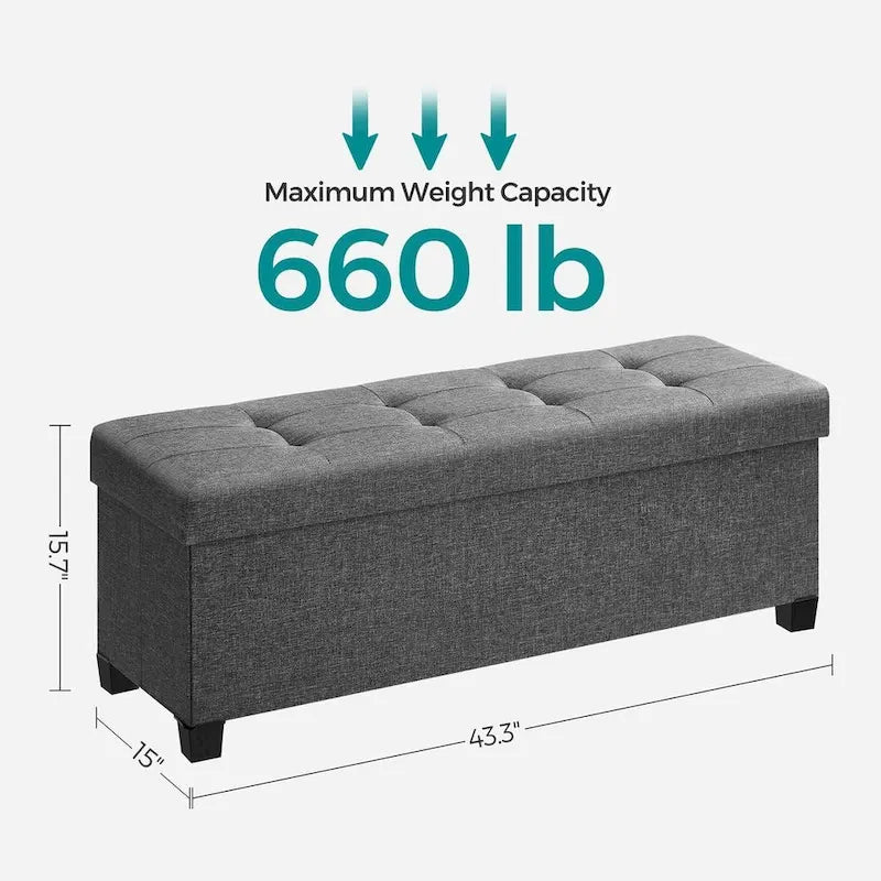 Fabric Upholstered 43  Wide Small Storage Ottoman with Wooden Legs and Tufted Lid