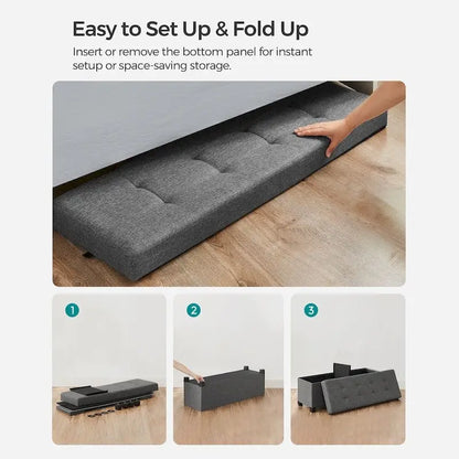 Fabric Upholstered 43  Wide Small Storage Ottoman with Wooden Legs and Tufted Lid