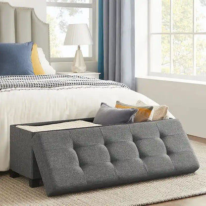 Fabric Upholstered 43  Wide Small Storage Ottoman with Wooden Legs and Tufted Lid