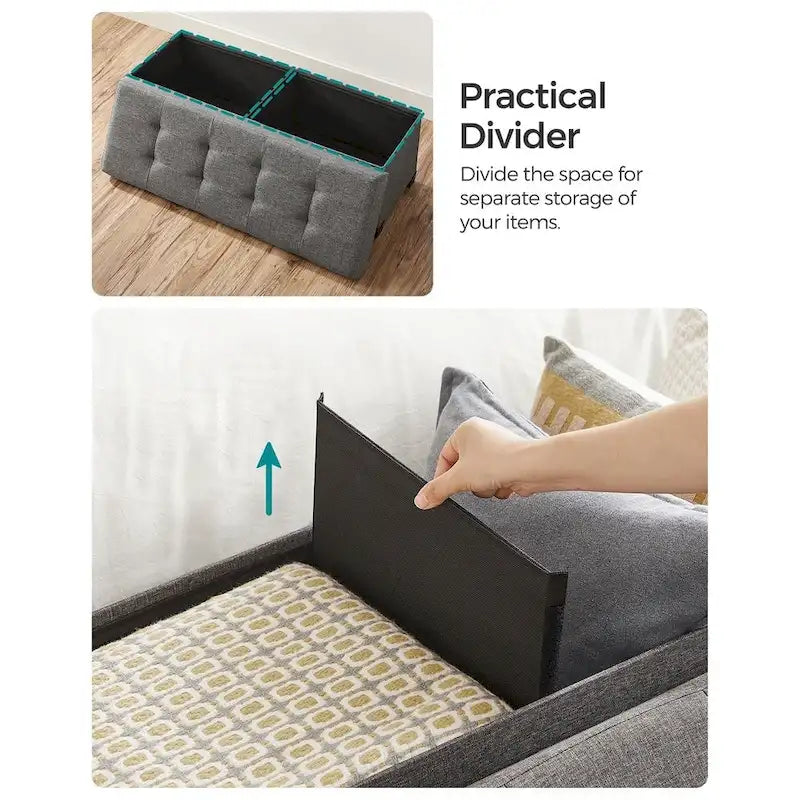 Fabric Upholstered 43  Wide Small Storage Ottoman with Wooden Legs and Tufted Lid