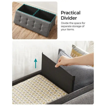 Fabric Upholstered 43  Wide Small Storage Ottoman with Wooden Legs and Tufted Lid