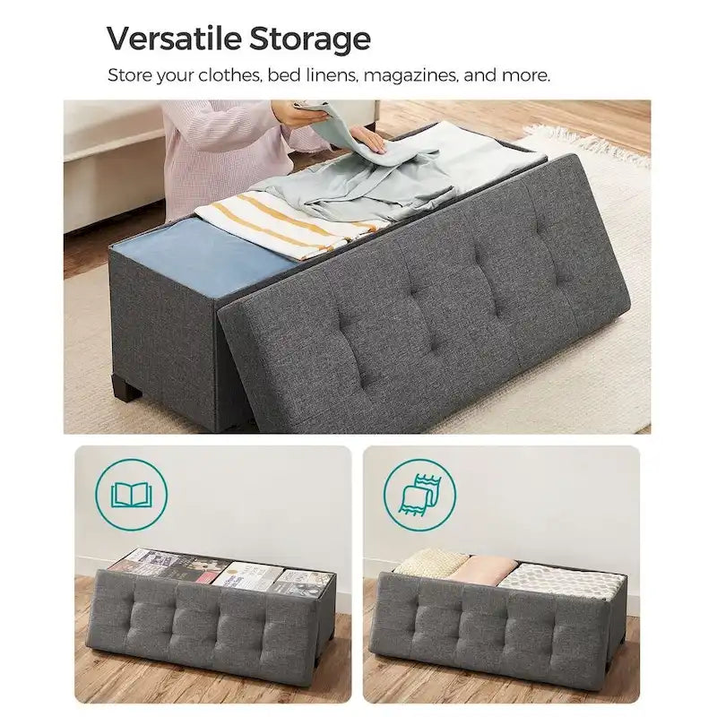 Fabric Upholstered 43  Wide Small Storage Ottoman with Wooden Legs and Tufted Lid