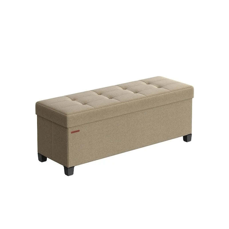 Fabric Upholstered 43  Wide Small Storage Ottoman with Wooden Legs and Tufted Lid