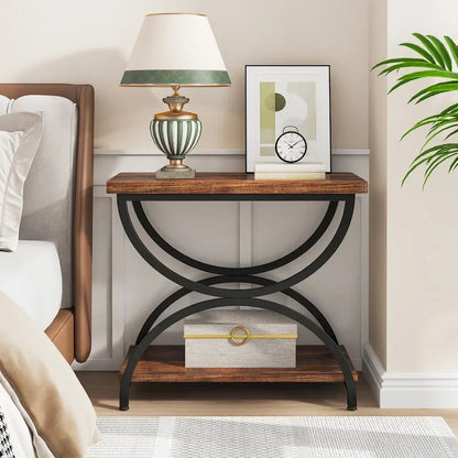 2-Tier Rectangular Wood Metal End Side Chairside Table