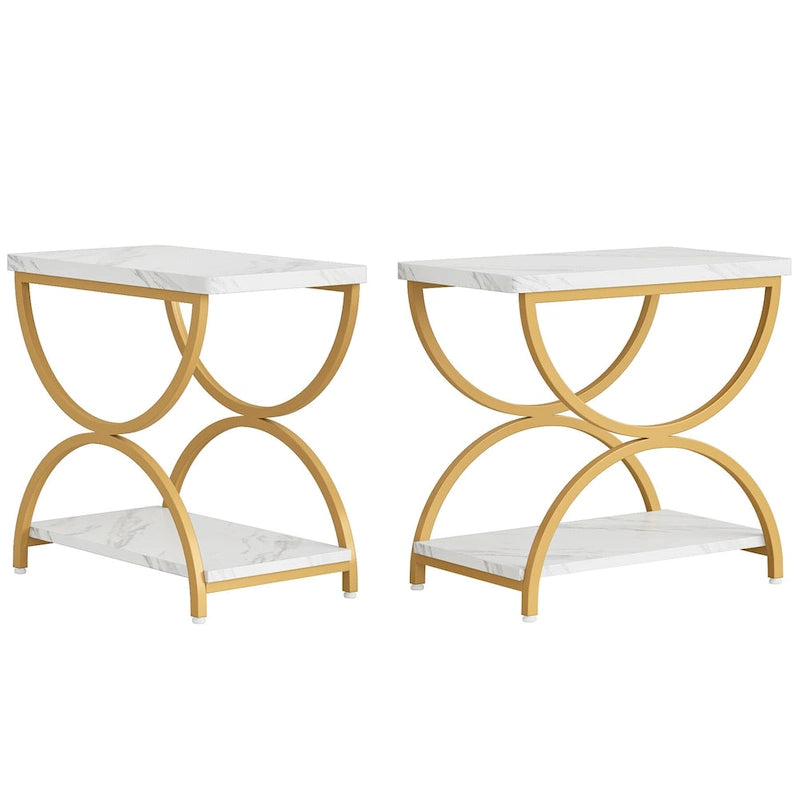 2-Tier Rectangular Wood Metal End Side Chairside Table