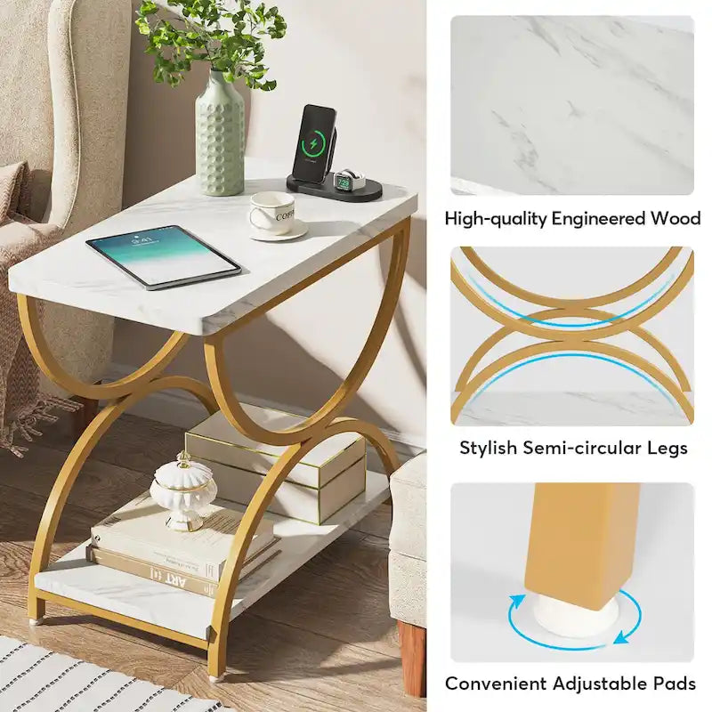 2-Tier Rectangular Wood Metal End Side Chairside Table