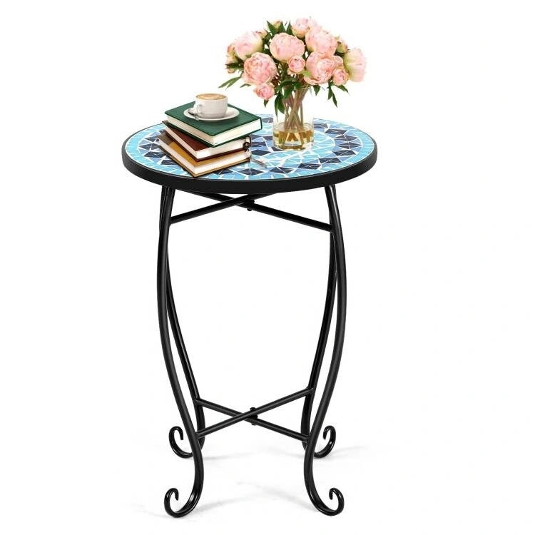 Indoor/Outdoor Blue Mosaic Round Side Accent Table Plant Stand - 14 W x 14 D x 21 H