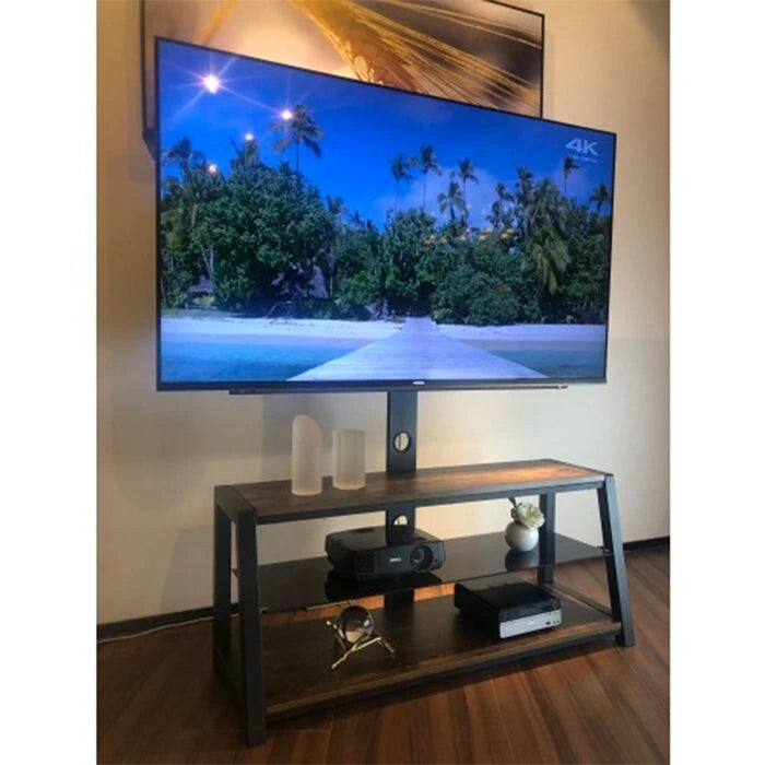 Wooden Tv Stand with Black Tempered Glass Adjustable Swivel Entertainment Center With Mount TV Stand