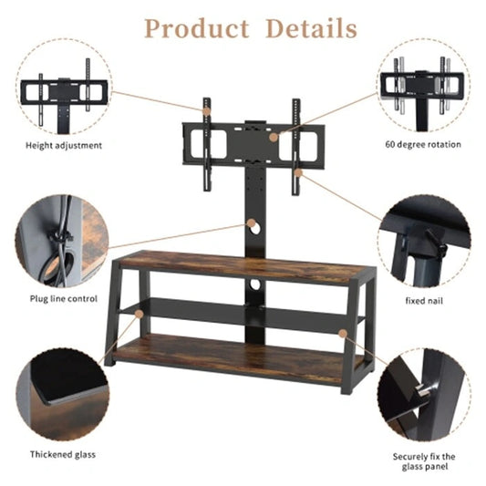 Wooden Tv Stand with Black Tempered Glass Adjustable Swivel Entertainment Center With Mount TV Stand