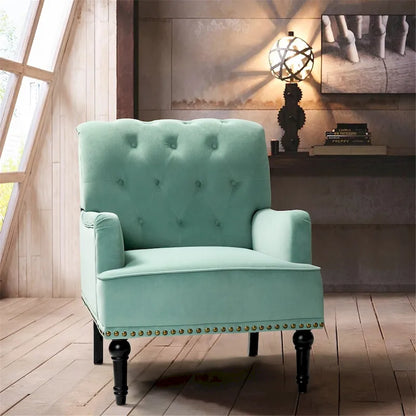 Geltrude Transitional Upholstered Button Tufted Club Chair with turned wooden Legs by HULALA HOME